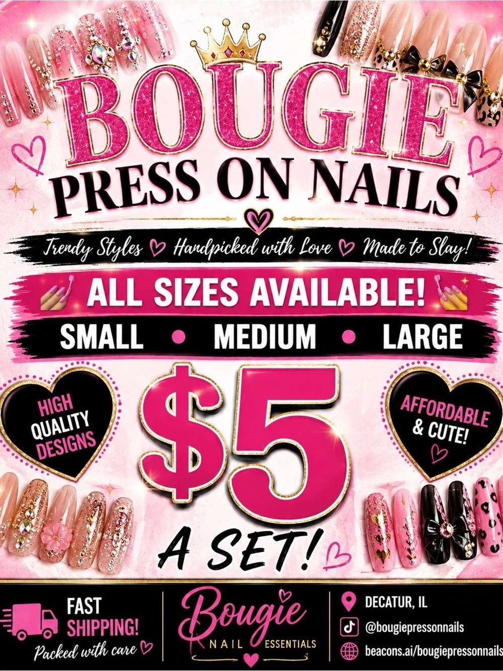 💅 Press-On Nail Sets – $5 Each 💅
Small • Medium • Large sizes available
✨ Lots o